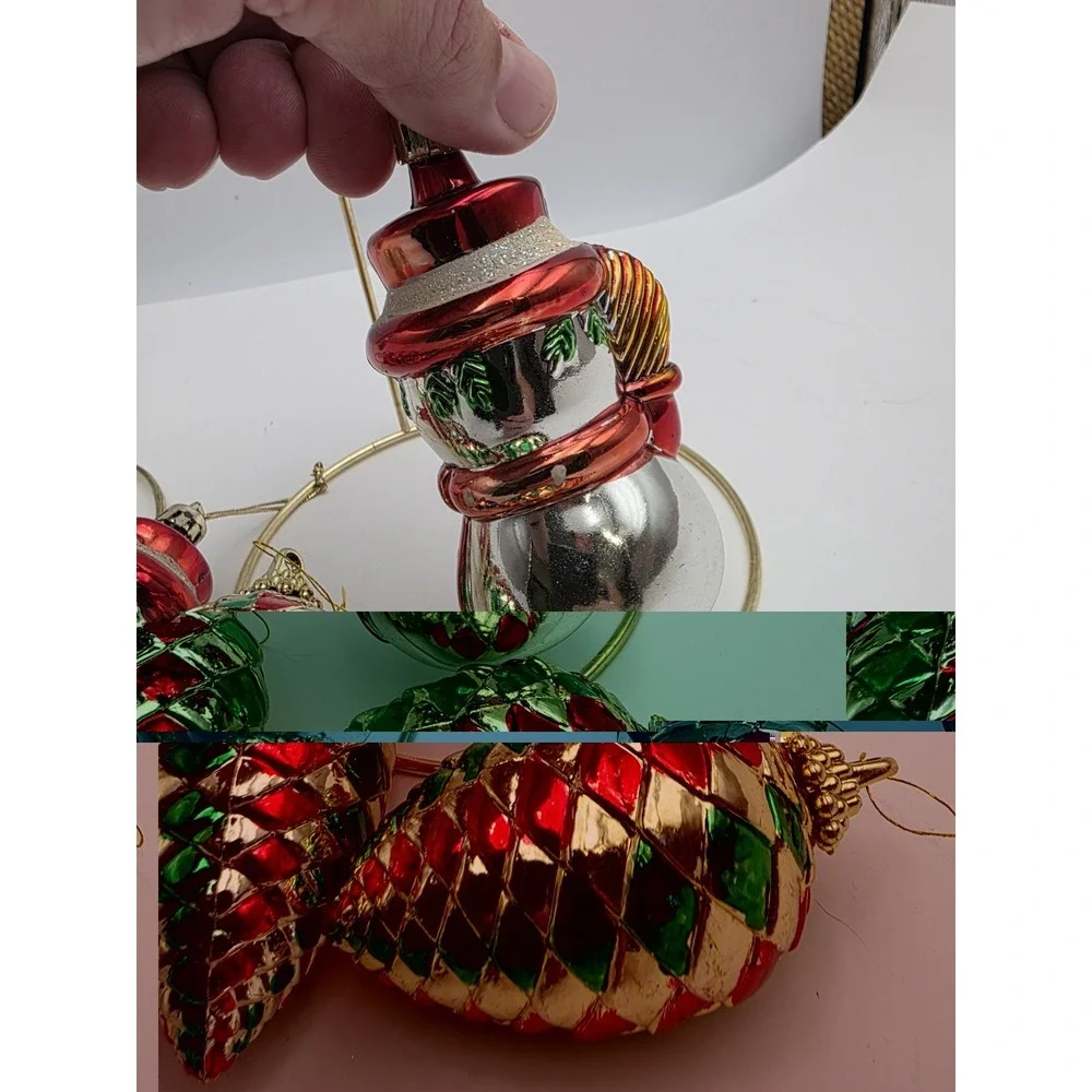 VTG Christmas Ornaments Lot 7Santa Snowman Pine Cone Red Green Gold Holiday